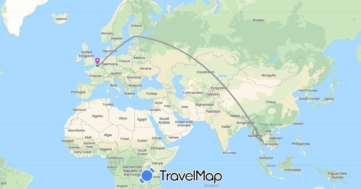 TravelMap itinerary: driving, bus, plane, train, boat in Belgium, Finland, France, Myanmar (Burma), Thailand (Asia, Europe)